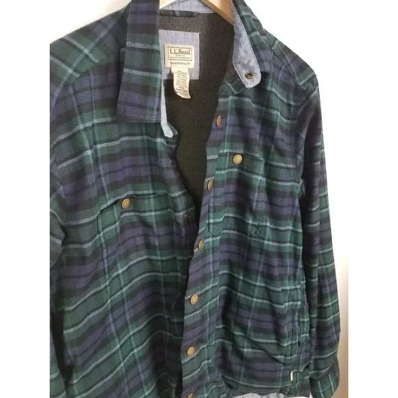 L.L.Bean Men's Sz. M Navy & Green Flannel Snap Front Shirt Jacket - Picture 3 of 7